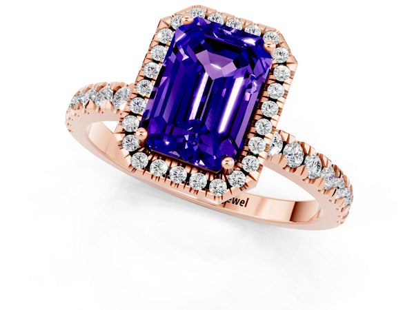Rose gold Emerald Cut Tanzanite Classic Halo Engagement Ring with Round Pavé Band and Prong Setting