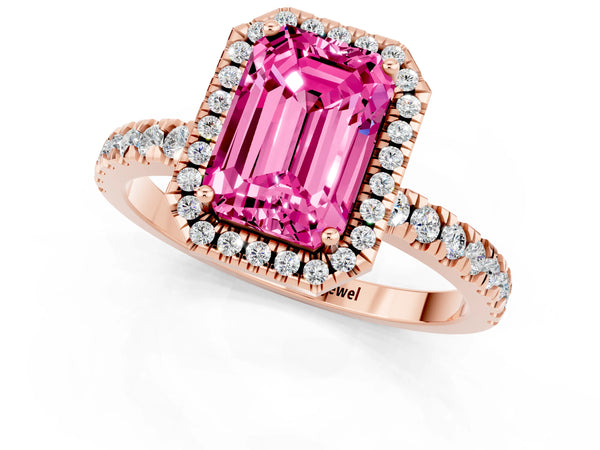 Rose gold Emerald Cut Pink Sapphire Classic Halo Engagement Ring with Round Pavé Band and Prong Setting