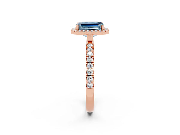 Rose gold Emerald Cut Aquamarine Classic Halo Engagement Ring with Round Pavé Band and Prong Setting