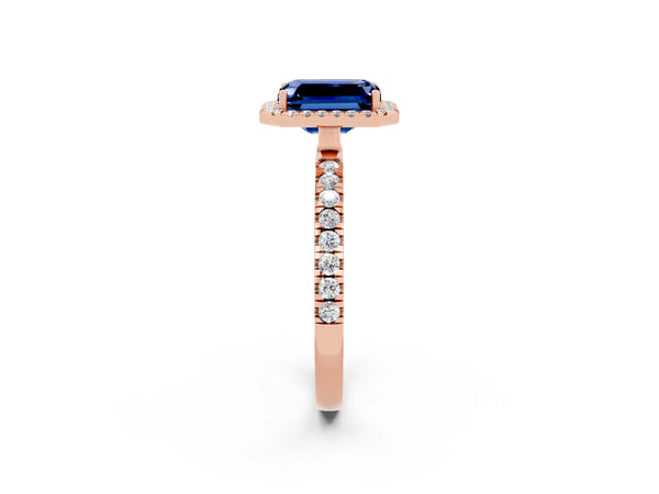 Rose gold Emerald Cut Blue Sapphire Classic Halo Engagement Ring with Round Pavé Band and Prong Setting