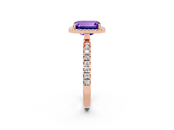Rose gold Emerald Cut Tanzanite Classic Halo Engagement Ring with Round Pavé Band and Prong Setting