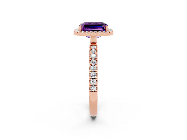Rose gold Emerald Cut Amethyst Classic Halo Engagement Ring with Round Pavé Band and Prong Setting