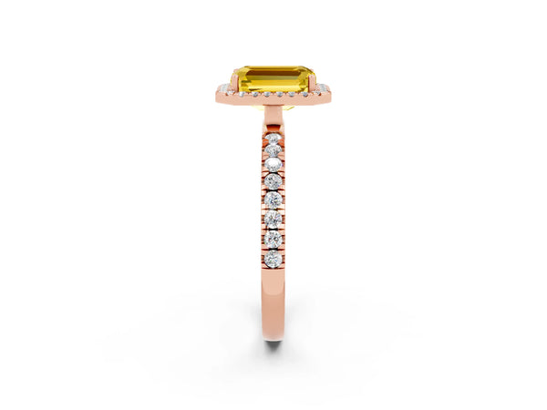 Rose gold Emerald Cut Yellow Sapphire Classic Halo Engagement Ring with Round Pavé Band and Prong Setting
