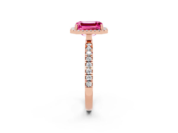 Rose gold Emerald Cut Pink Sapphire Classic Halo Engagement Ring with Round Pavé Band and Prong Setting