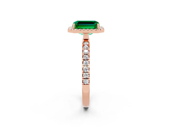 Rose gold Emerald Cut Emerald Classic Halo Engagement Ring with Round Pavé Band and Prong Setting