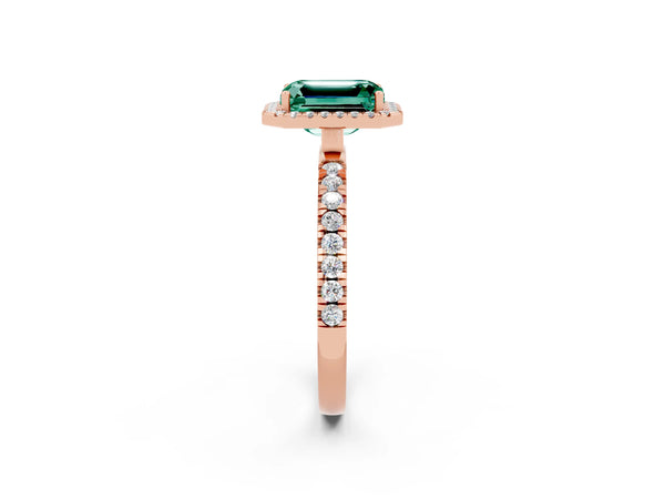 Rose gold Emerald Cut Green Sapphire Classic Halo Engagement Ring with Round Pavé Band and Prong Setting