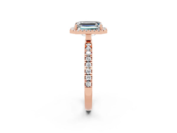Rose gold Emerald Cut Moissanite Classic Halo Engagement Ring with Round Pavé Band and Prong Setting