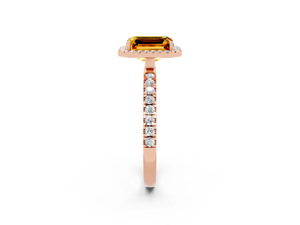 Rose gold Emerald Cut Citrine Classic Halo Engagement Ring with Round Pavé Band and Prong Setting