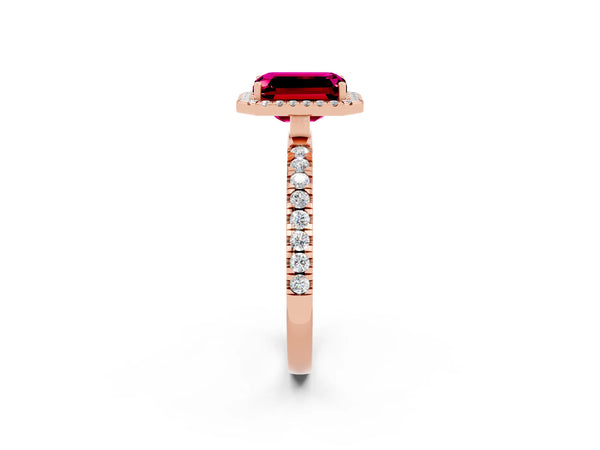 Rose gold Emerald Cut Garnet Classic Halo Engagement Ring with Round Pavé Band and Prong Setting