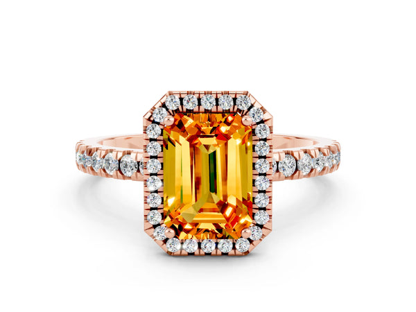 Rose gold Emerald Cut Citrine Classic Halo Engagement Ring with Round Pavé Band and Prong Setting