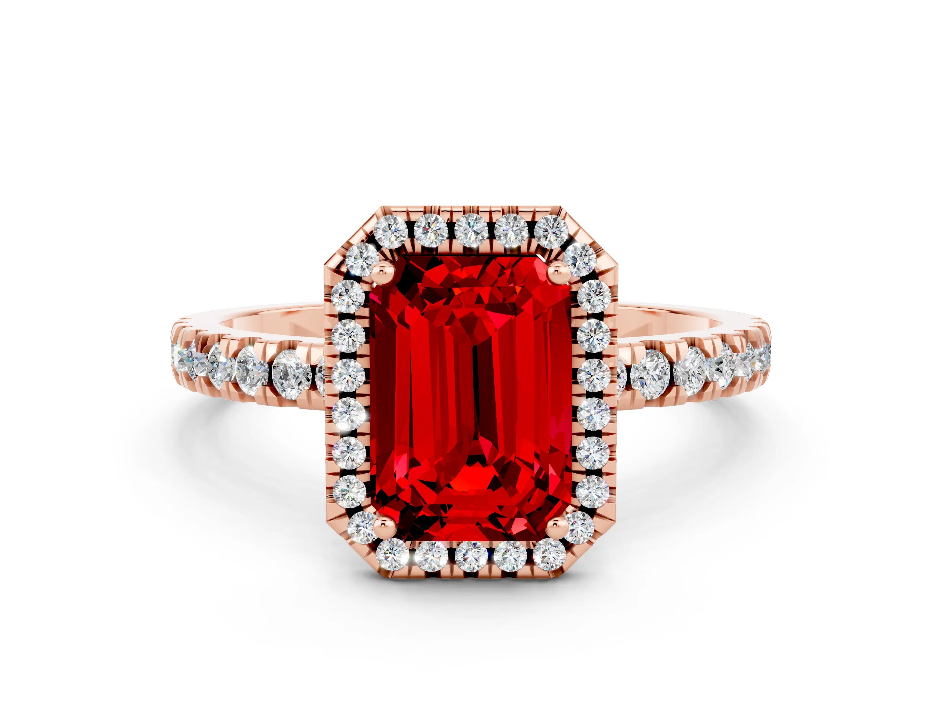 Rose gold Emerald Cut Halo Diamond Pave Band with Prong Setting
