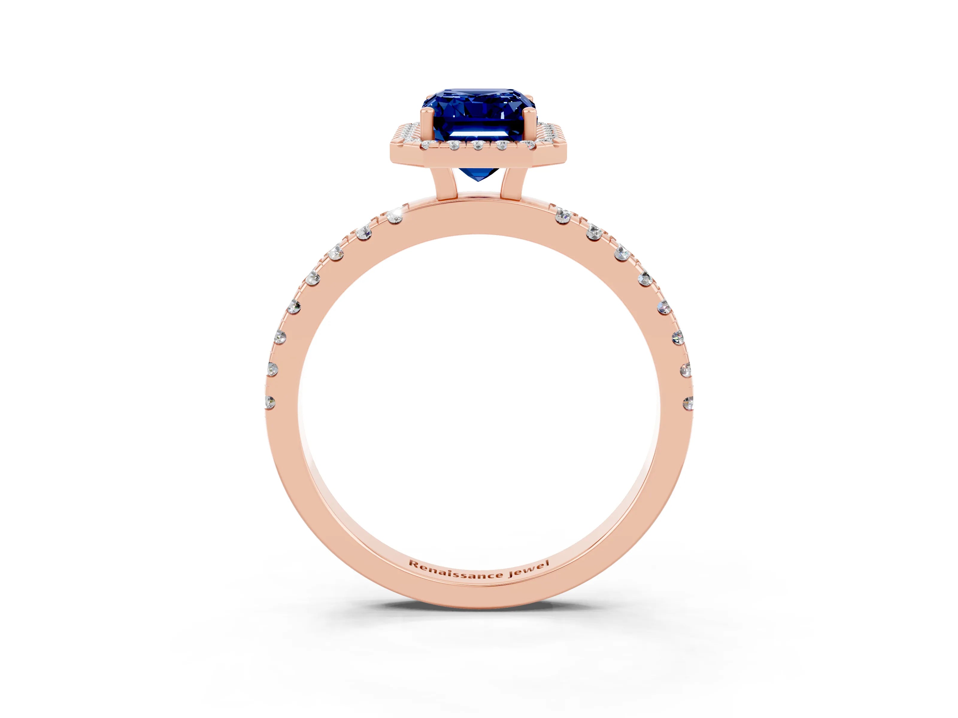 Rose gold Emerald Cut Halo Diamond Pave Band with Prong Setting_3