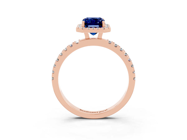 Rose gold Emerald Cut Blue Sapphire Classic Halo Engagement Ring with Round Pavé Band and Prong Setting
