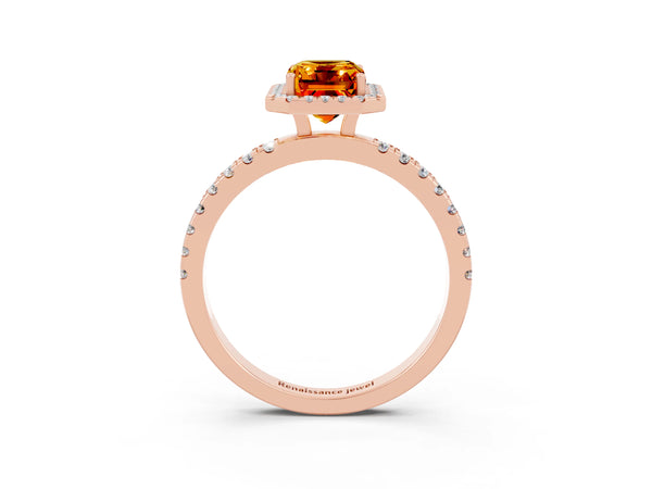Rose gold Emerald Cut Citrine Classic Halo Engagement Ring with Round Pavé Band and Prong Setting