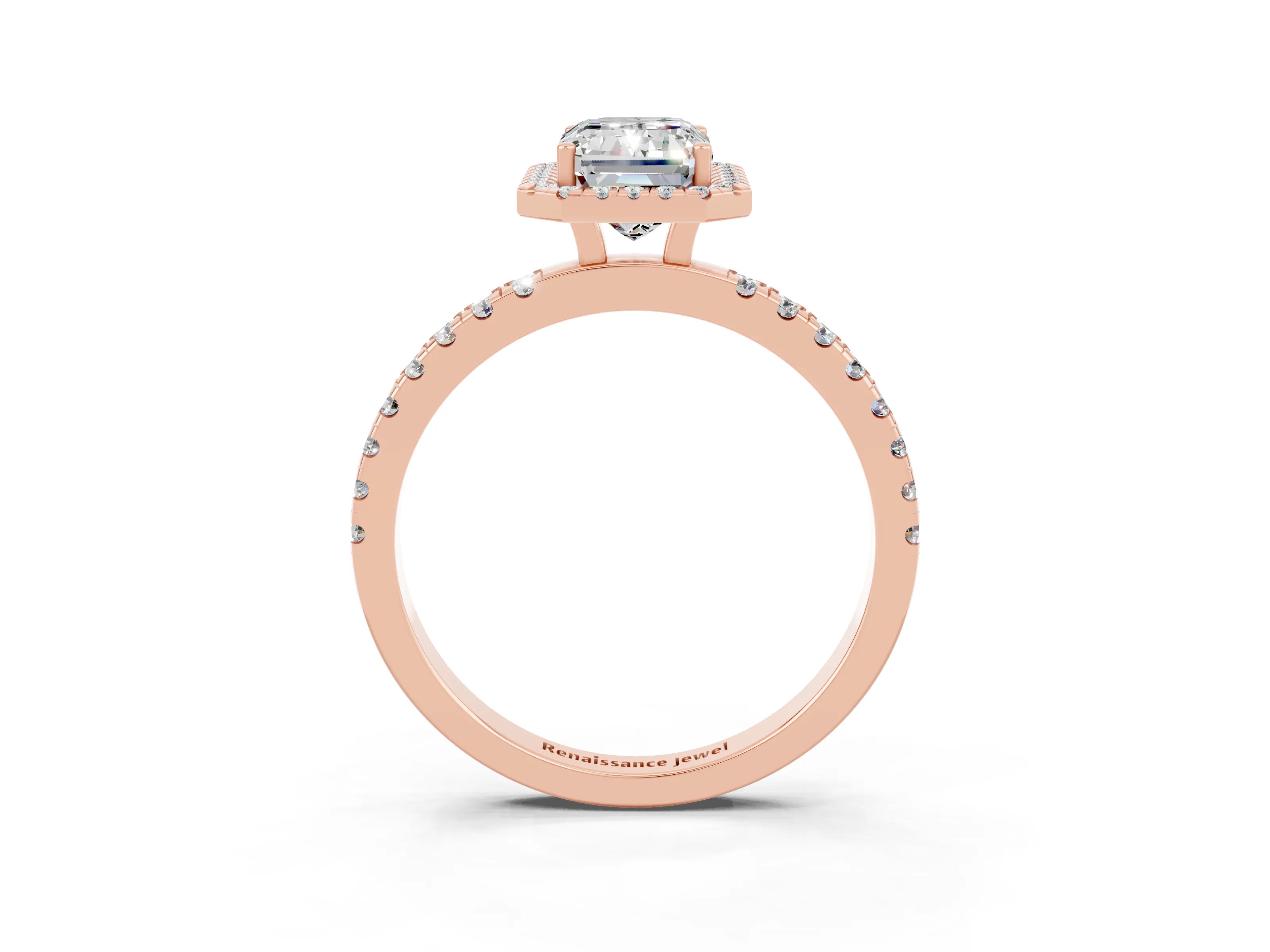 Rose gold Emerald Cut Halo Diamond Pave Band with Prong Setting_3