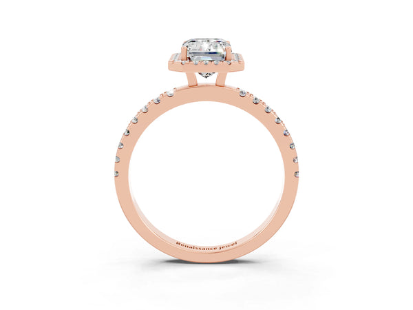 Rose gold Emerald Cut Moissanite Classic Halo Engagement Ring with Round Pavé Band and Prong Setting