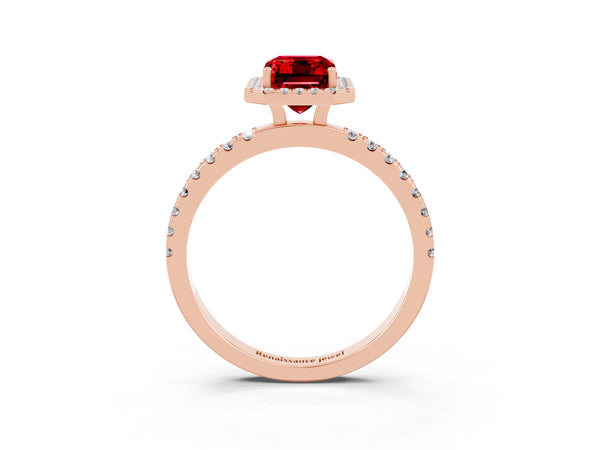 Rose gold Emerald Cut Halo Diamond Pave Band with Prong Setting