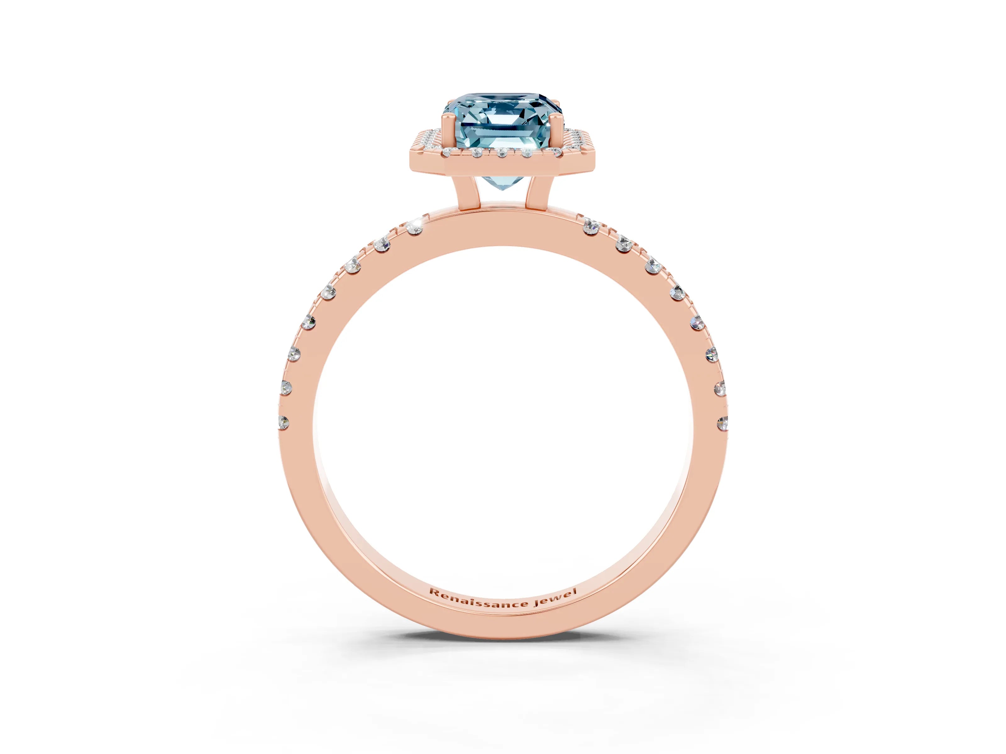 Rose gold Emerald Cut Halo Diamond Pave Band with Prong Setting_3