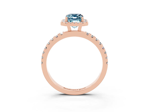 Rose gold Emerald Cut Aquamarine Classic Halo Engagement Ring with Round Pavé Band and Prong Setting