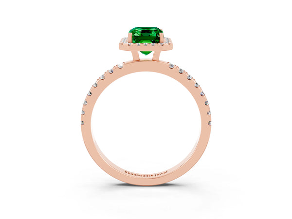 Rose gold Emerald Cut Emerald Classic Halo Engagement Ring with Round Pavé Band and Prong Setting