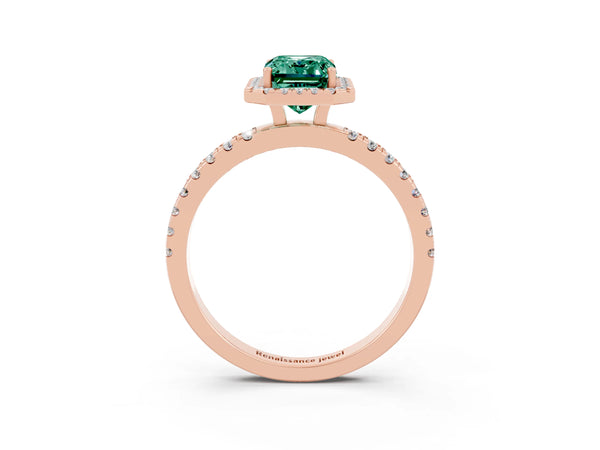 Rose gold Emerald Cut Green Sapphire Classic Halo Engagement Ring with Round Pavé Band and Prong Setting