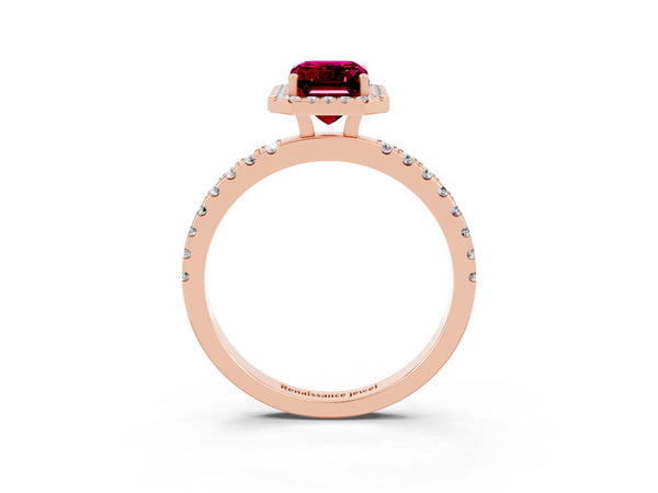 Rose gold Emerald Cut Garnet Classic Halo Engagement Ring with Round Pavé Band and Prong Setting