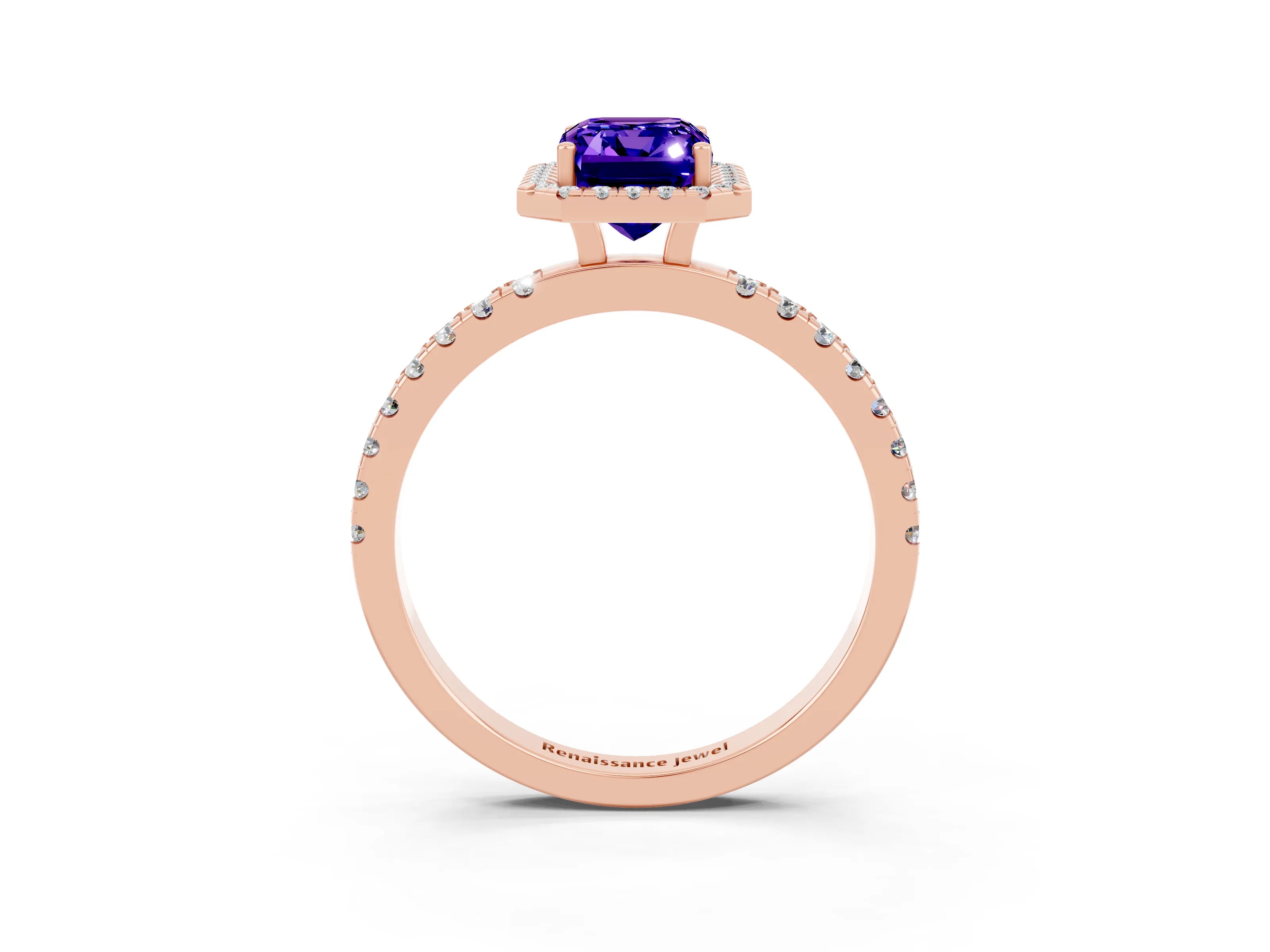 Rose gold Emerald Cut Halo Diamond Pave Band with Prong Setting_3