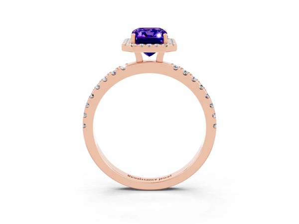 Rose gold Emerald Cut Tanzanite Classic Halo Engagement Ring with Round Pavé Band and Prong Setting