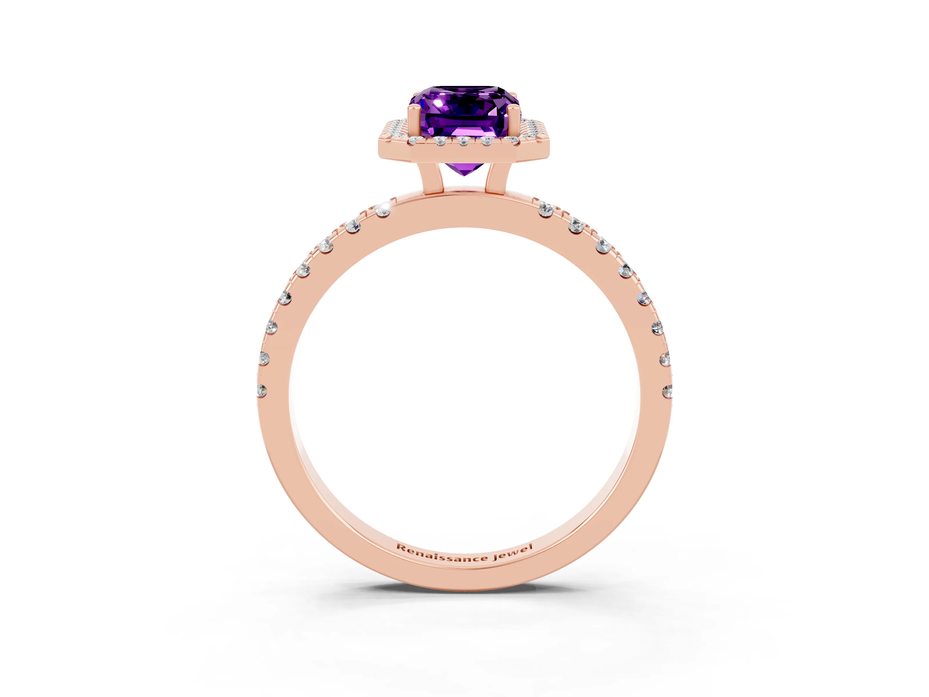 Rose gold Emerald Cut Halo Diamond Pave Band with Prong Setting_3