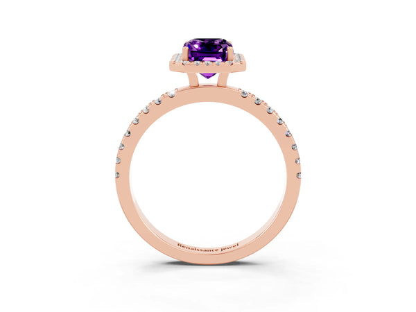 Rose gold Emerald Cut Amethyst Classic Halo Engagement Ring with Round Pavé Band and Prong Setting