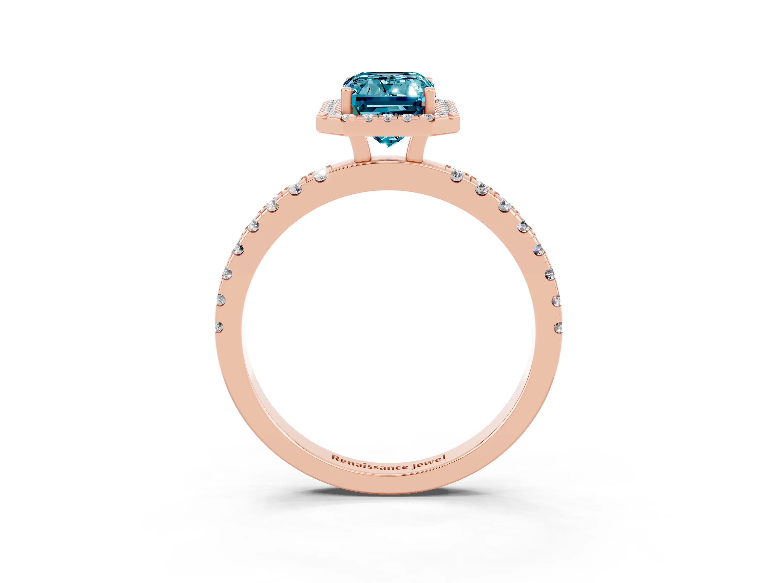 Rose gold Emerald Cut Halo Diamond Pave Band with Prong Setting_3