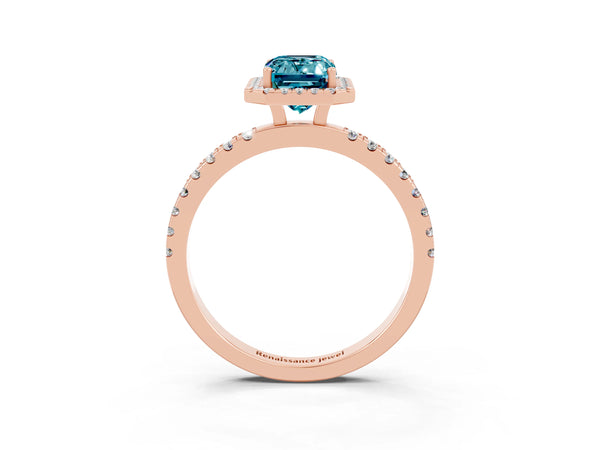 Rose gold Emerald Cut Halo Diamond Pave Band with Prong Setting