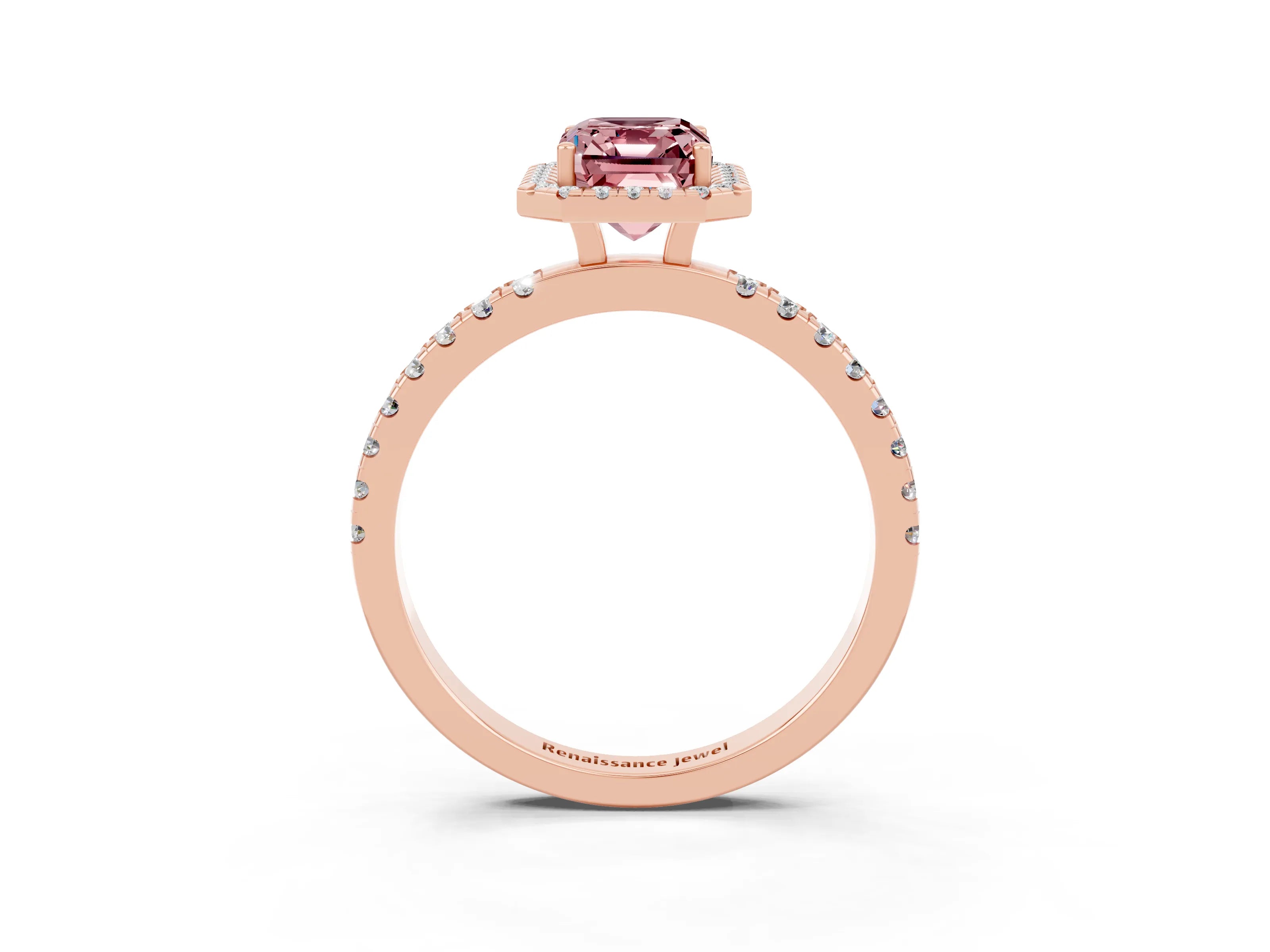 Rose gold Emerald Cut Halo Diamond Pave Band with Prong Setting_3