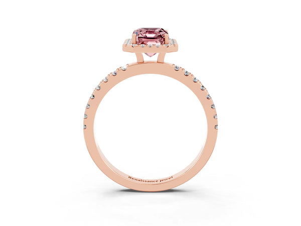 Rose gold Emerald Cut Halo Diamond Pave Band with Prong Setting