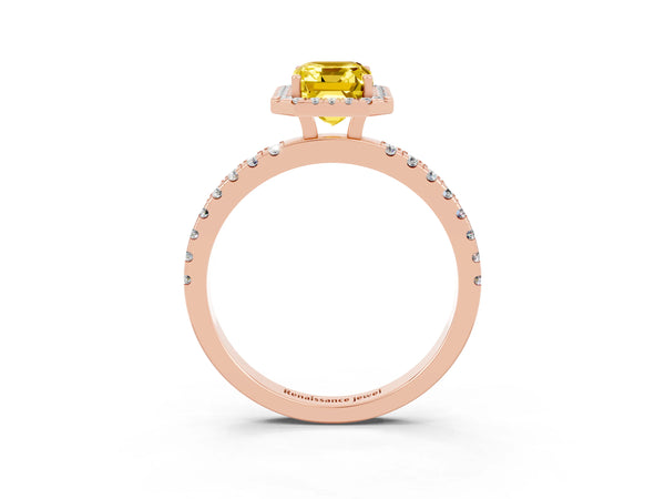 Rose gold Emerald Cut Yellow Sapphire Classic Halo Engagement Ring with Round Pavé Band and Prong Setting