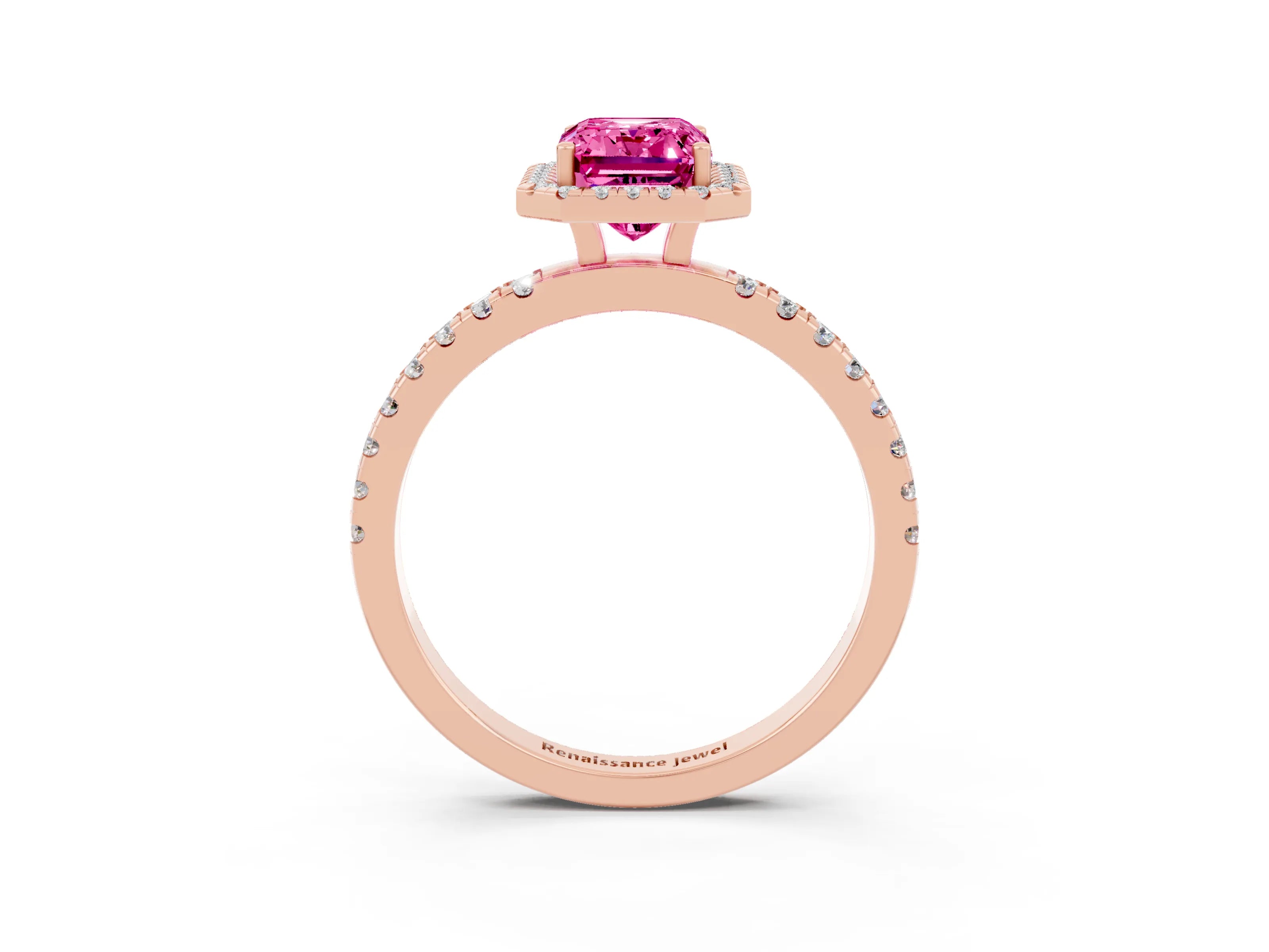 Rose gold Emerald Cut Halo Diamond Pave Band with Prong Setting_3