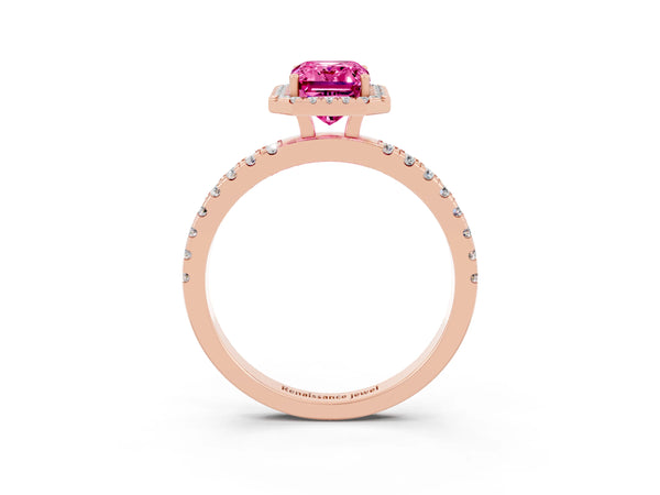 Rose gold Emerald Cut Pink Sapphire Classic Halo Engagement Ring with Round Pavé Band and Prong Setting