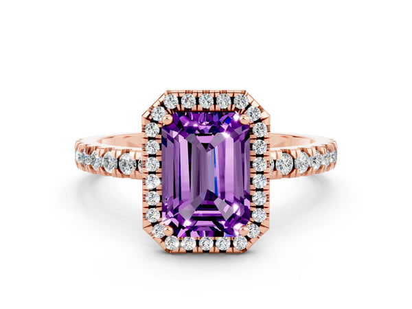 Rose gold Emerald Cut Amethyst Classic Halo Engagement Ring with Round Pavé Band and Prong Setting