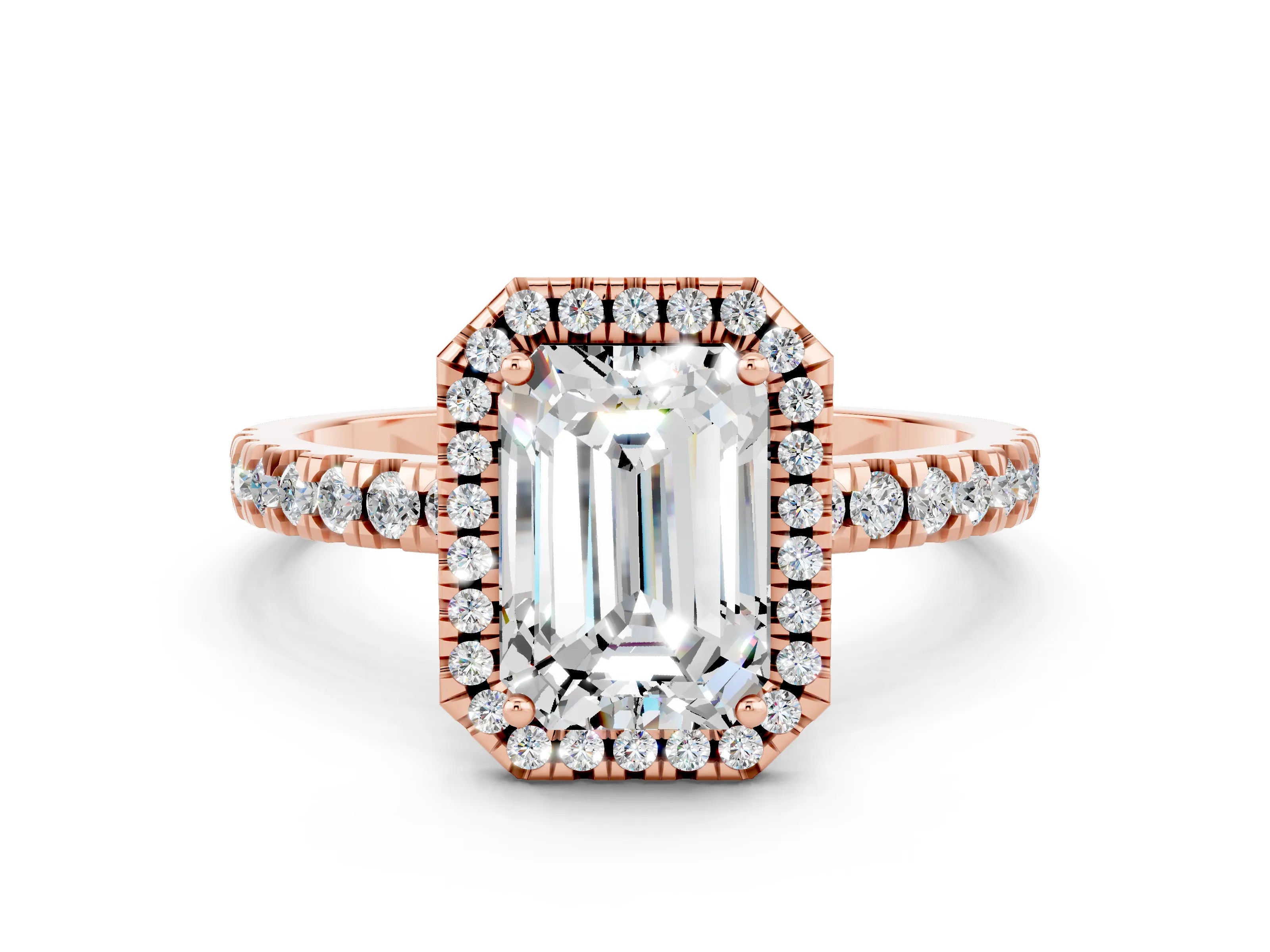 Rose gold Emerald Cut Halo Diamond Pave Band with Prong Setting