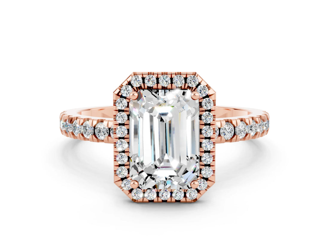 Rose gold Emerald Cut Halo Diamond Pave Band with Prong Setting
