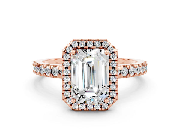 Rose gold Emerald Cut Moissanite Classic Halo Engagement Ring with Round Pavé Band and Prong Setting