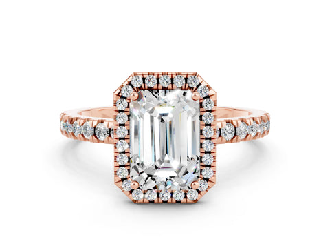 Rose gold Emerald Cut Halo Diamond Pave Band with Prong Setting