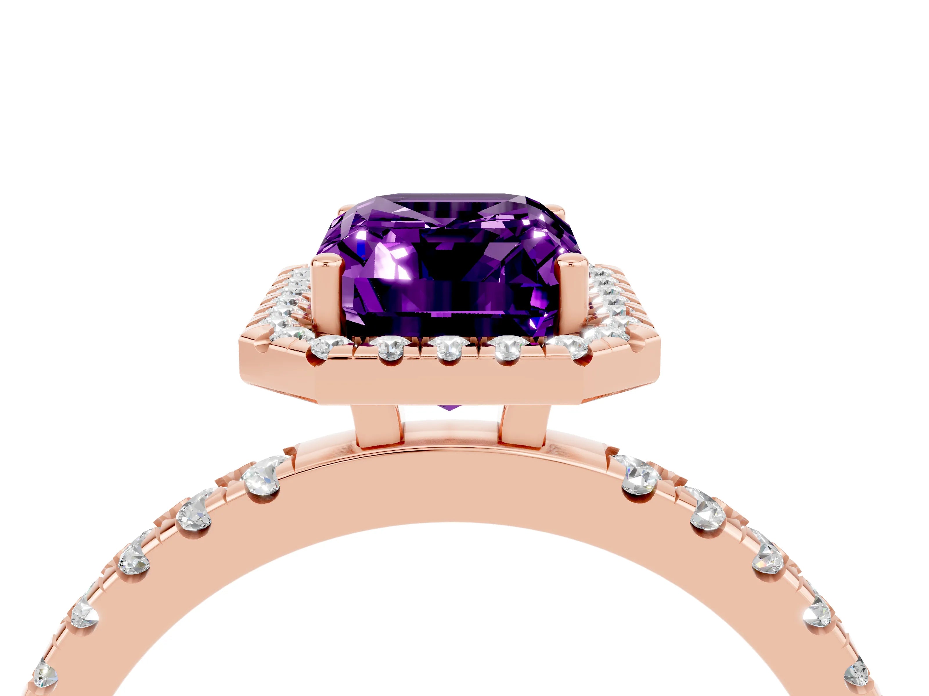 Rose gold Emerald Cut Halo Diamond Pave Band with Prong Setting_4