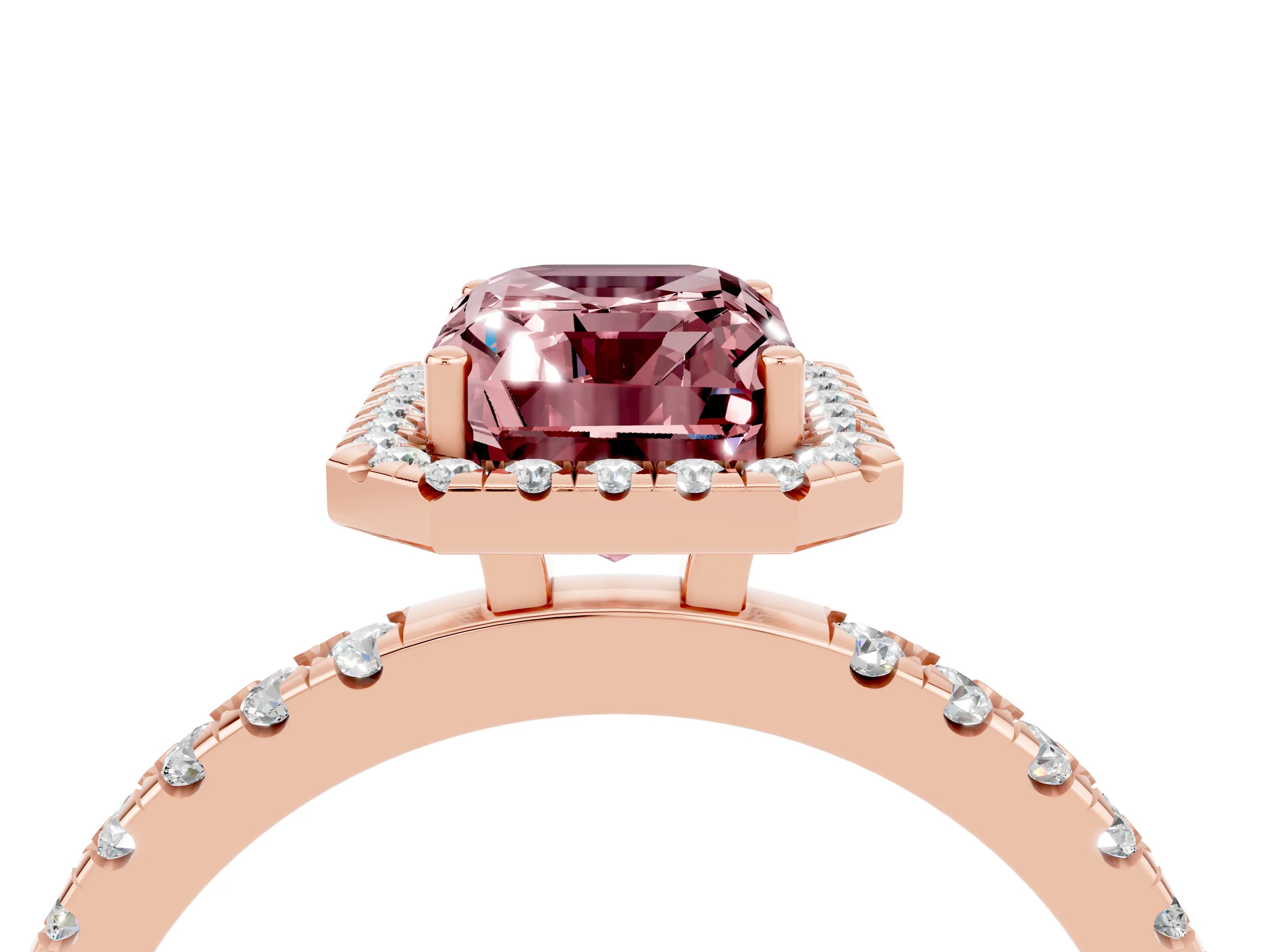 Rose gold Emerald Cut Halo Diamond Pave Band with Prong Setting_4