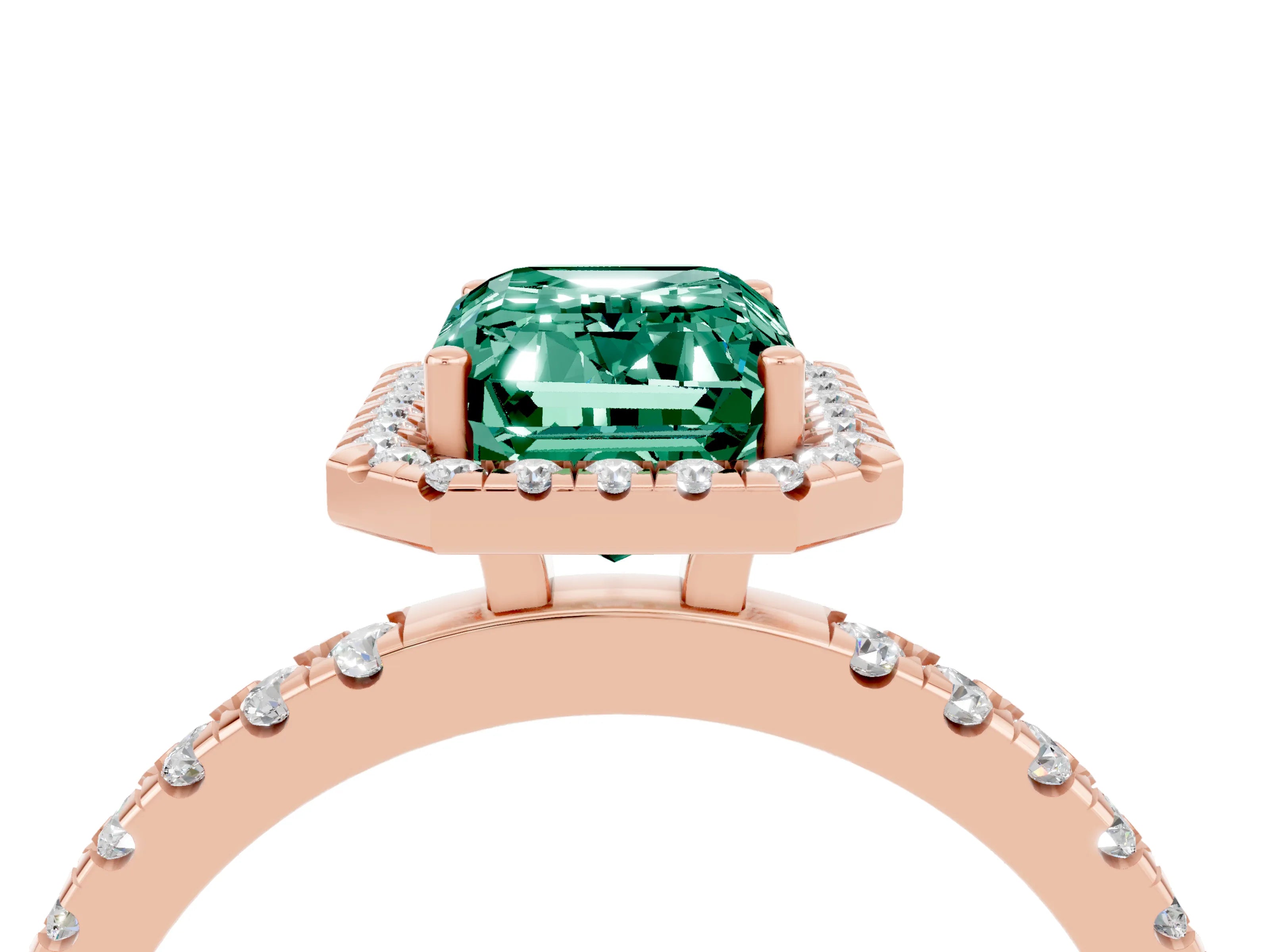 Rose gold Emerald Cut Halo Diamond Pave Band with Prong Setting_4