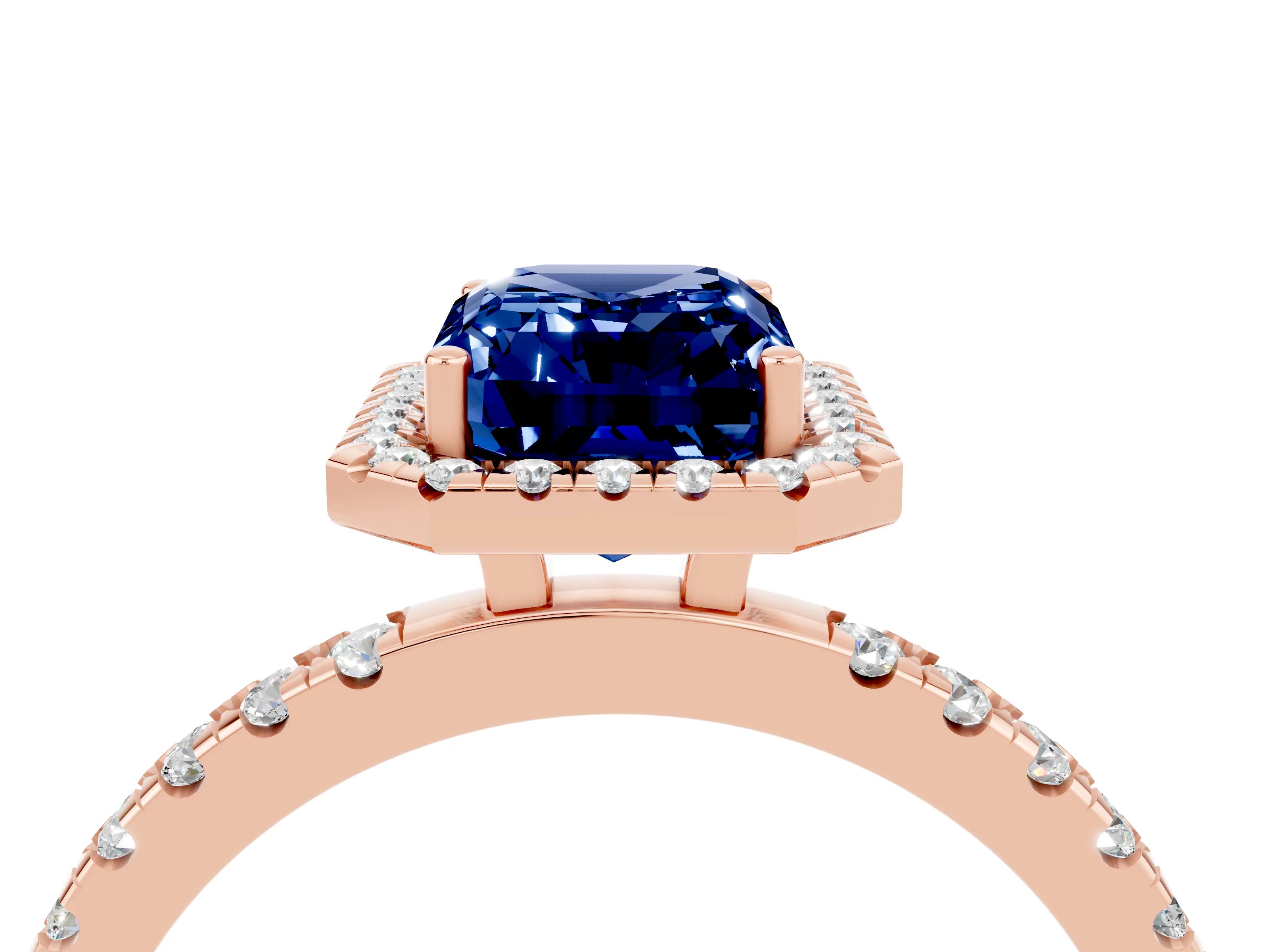Rose gold Emerald Cut Halo Diamond Pave Band with Prong Setting_4