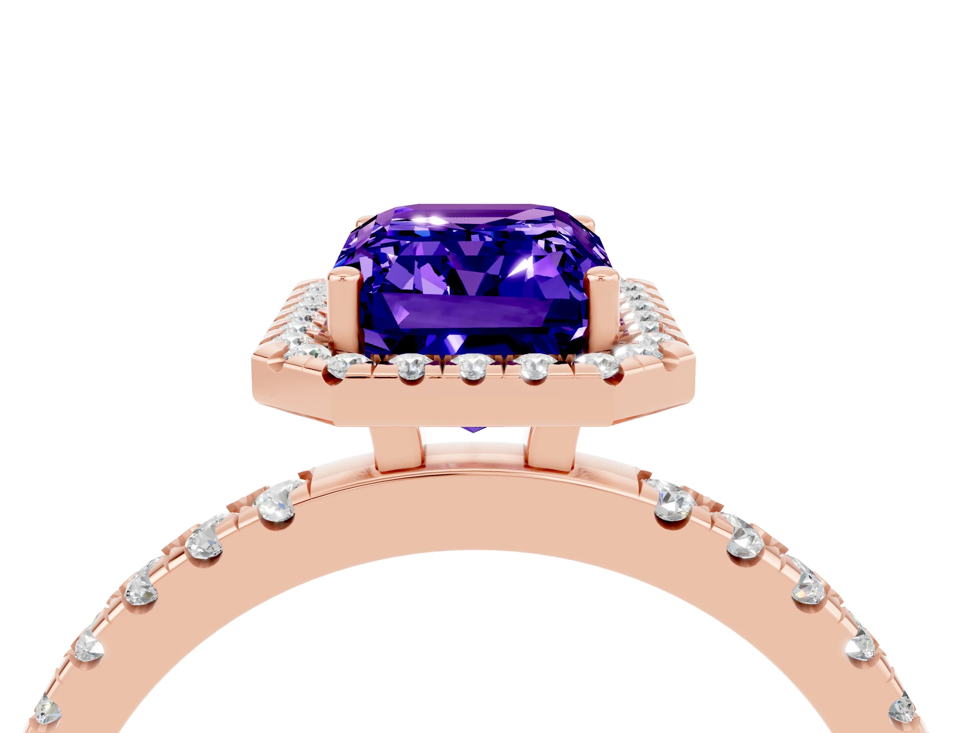 Rose gold Emerald Cut Halo Diamond Pave Band with Prong Setting_4