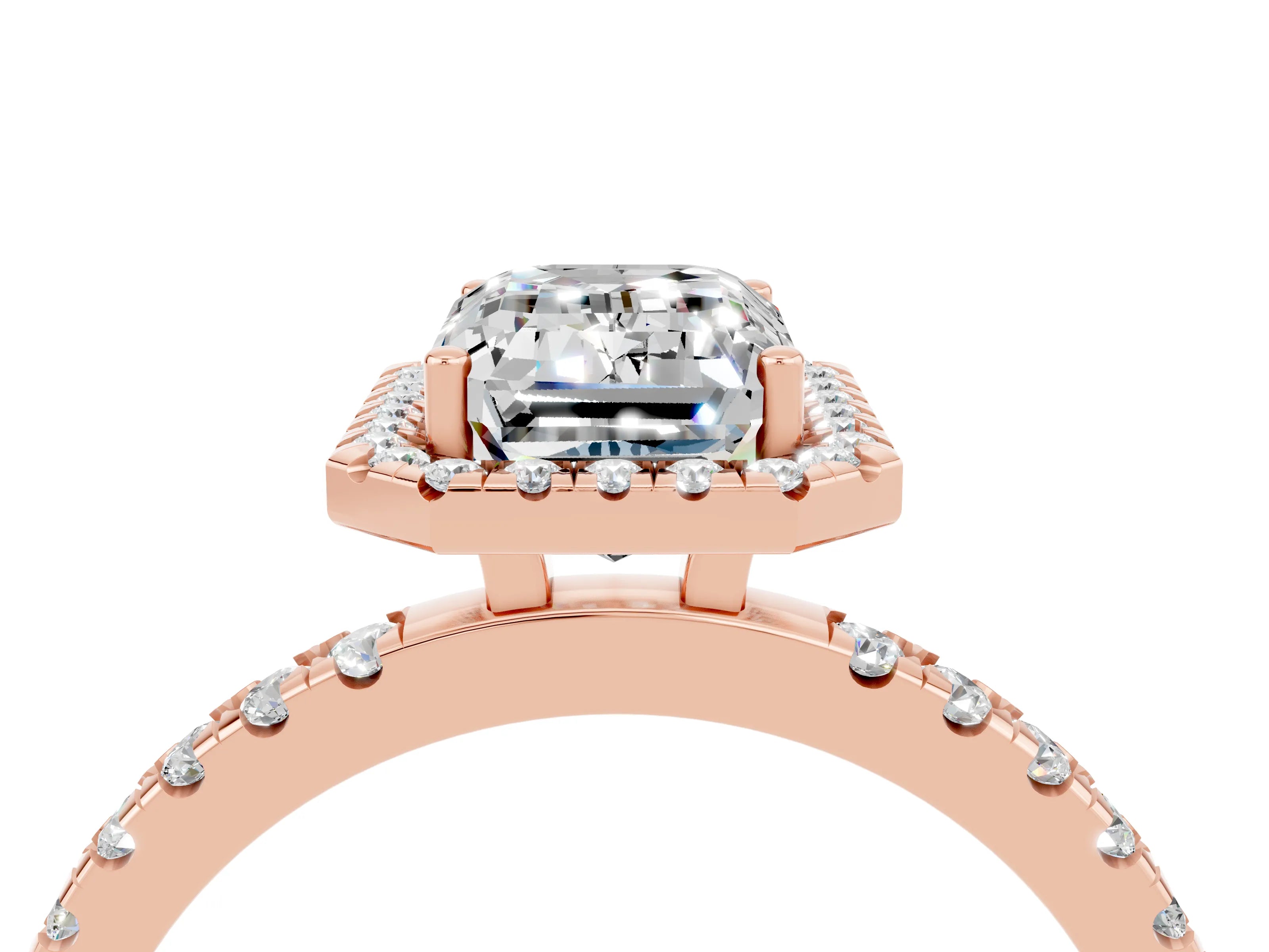 Rose gold Emerald Cut Halo Diamond Pave Band with Prong Setting_4