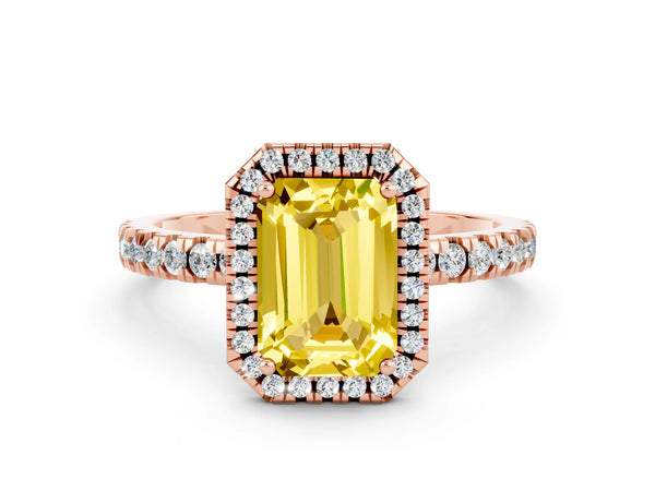 Rose gold Emerald Cut Yellow Sapphire Classic Halo Engagement Ring with Round Pavé Band and Prong Setting