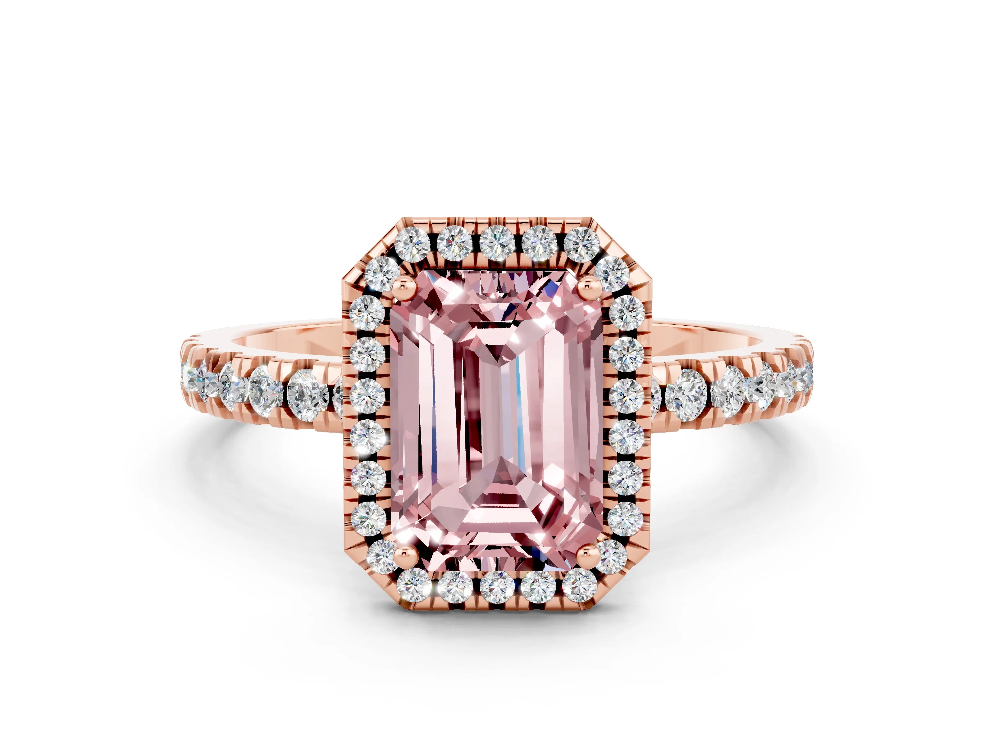 Rose gold Emerald Cut Halo Diamond Pave Band with Prong Setting
